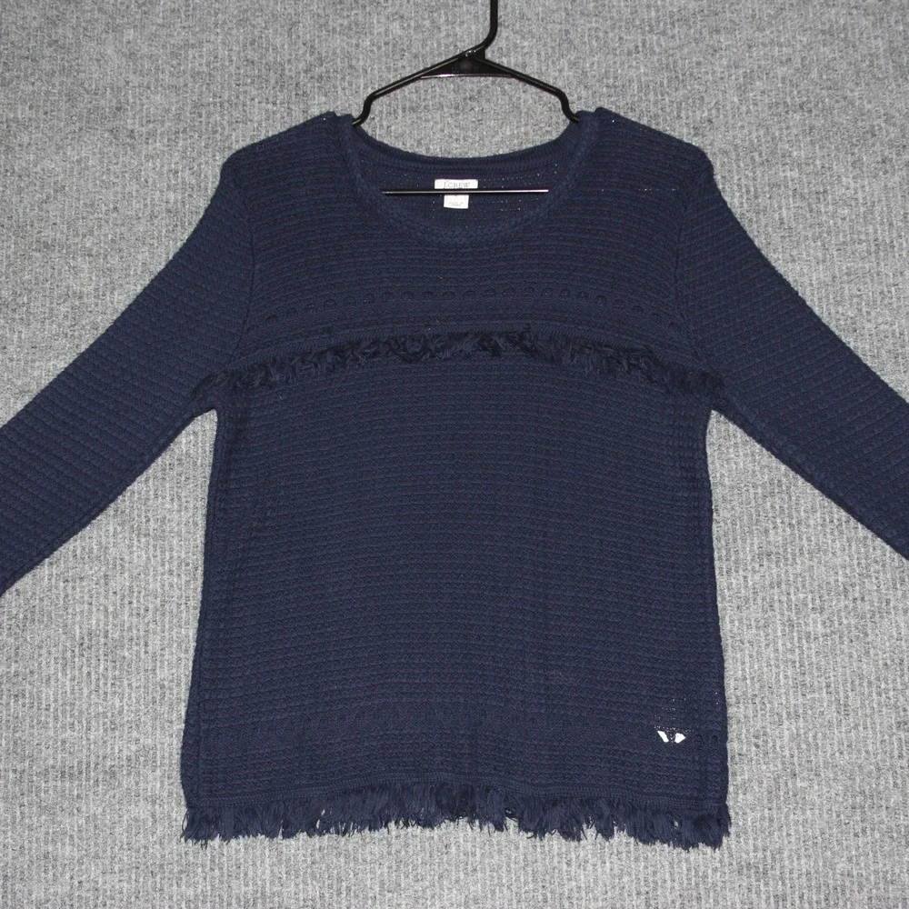 J Crew Navy Blue Cotton Knit Fringe V Neck Sweater Womens Size S Pullover‎